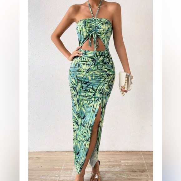 Tropical Print Sheer Drawstring Cinch Slit Thigh Dress Sexy Bodycon Stretch - Picture 1 of 16